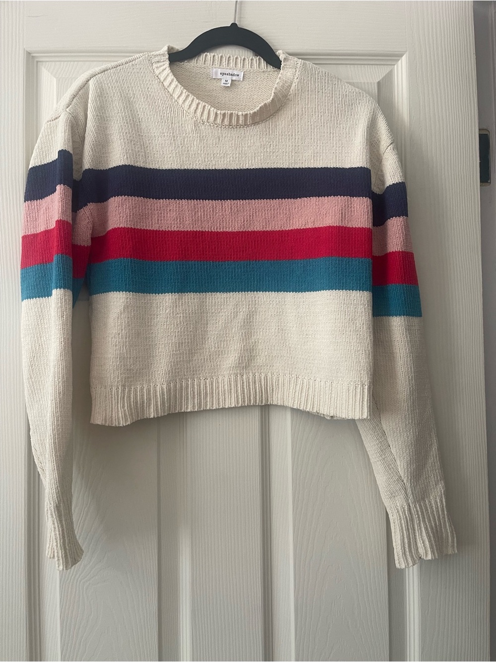 Eyeshadow Cream Cropped Crewneck Sweater with Navy, Pink, Red & Teal Stripes